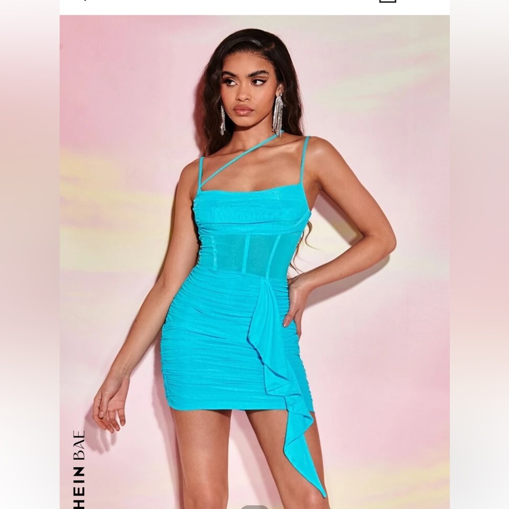 Aqua Blue Ruched Draped Ruffle Trim Bodycon Dress